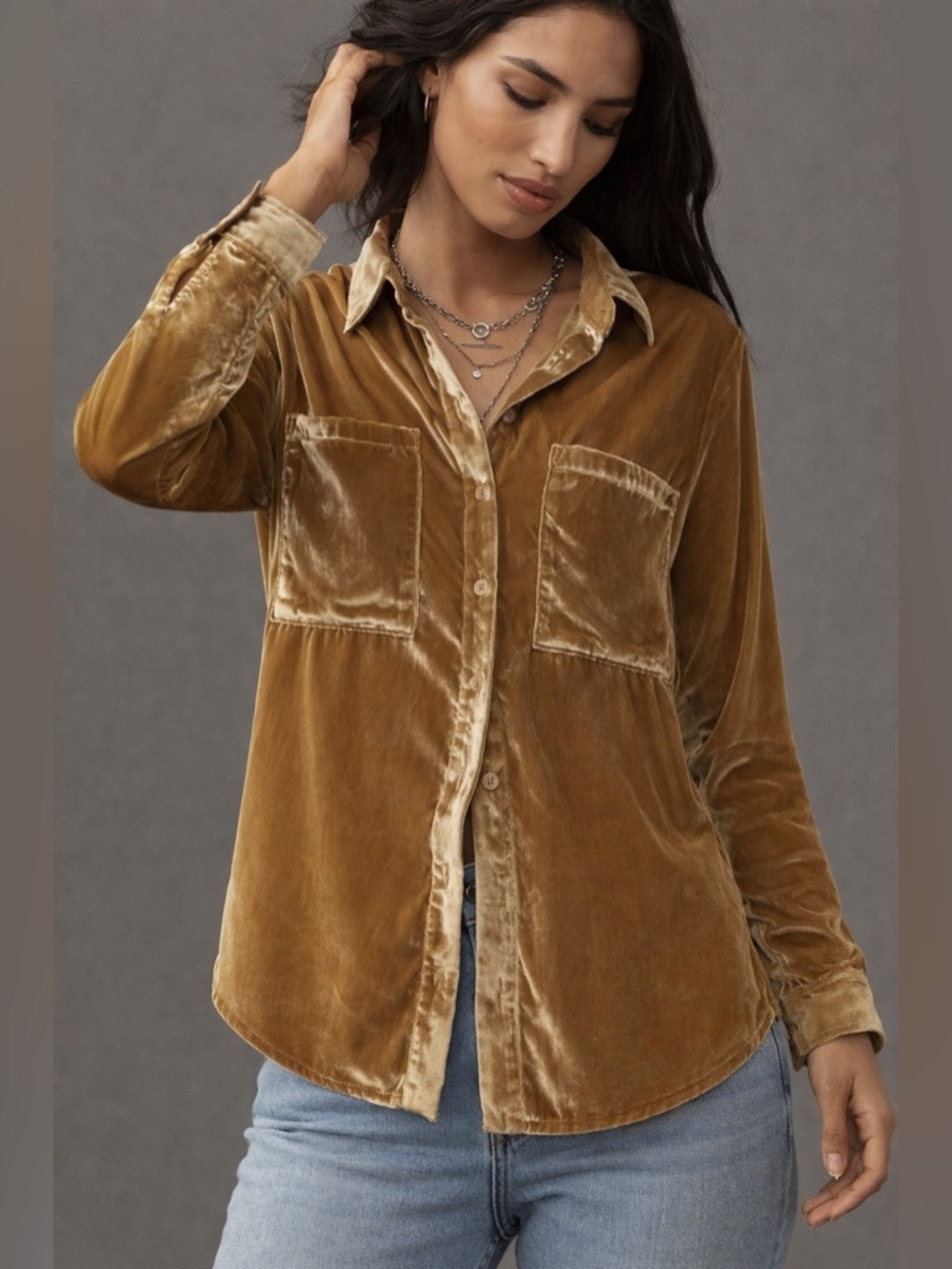 Pilcro Anthropologie Velvet Button Down Shirt Gold Brown Boho Blouse XS